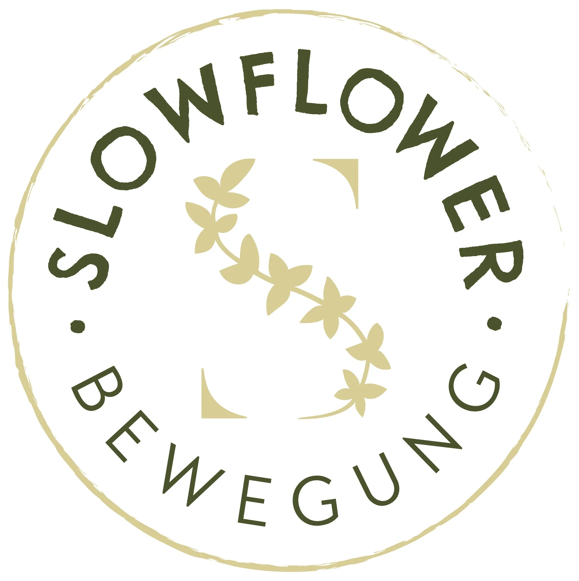 Ein kreisförmiges Logo mit dem Text 'Slowflowerbewegung' und dekorativen Blättern, in neutralen Farben gehalten.