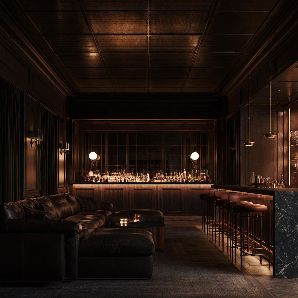 Refined North Hampton New Hampshire estate basement lounge with movie theater screening area, custom millwork bar, deep leather furniture, tin ceiling, dim ambient lighting, warm cinematic atmosphere.