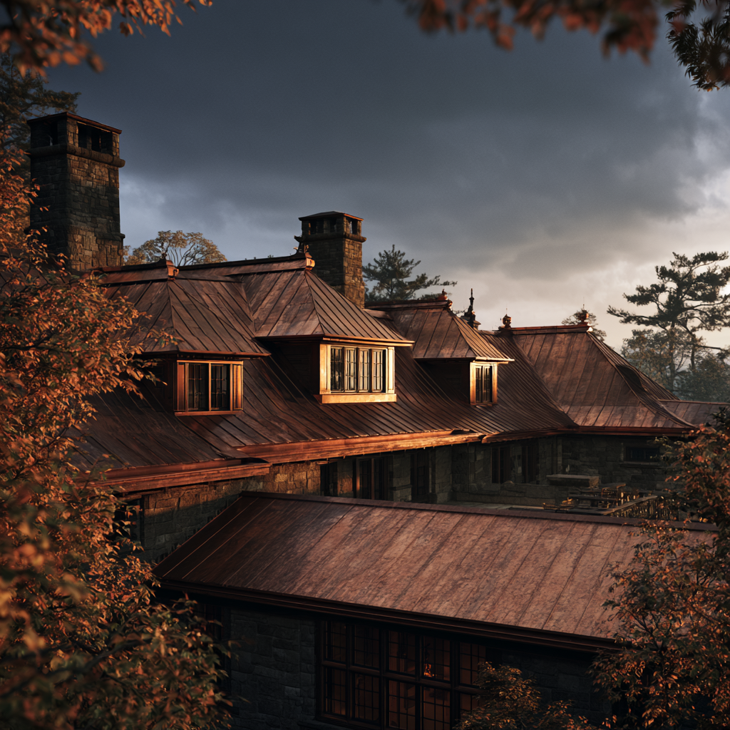 Ogunquit Maine Estate roofline at golden hour showing beautifully installed standing-seam copper roof with warm patina, complex dormers and gables, stone chimneys, autumn foliage, dramatic sky, architectural photography from slightly elevated angle.