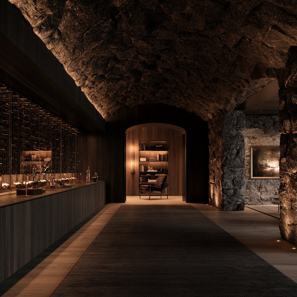 Interior of a luxurious room with stone and wood walls, a wooden arched doorway leading to a sitting area with a chair and shelves, and warm ambient lighting.