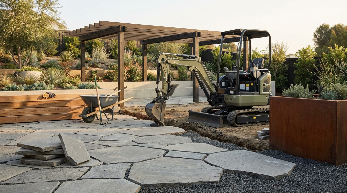 A small construction excavator on a landscaped yard with stone pathways, plants, and a wooden pergola.