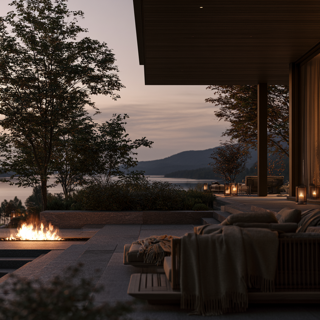 Grand covered outdoor terrace of a Cape Elizabeth Maine estate at dusk, fire feature glowing, custom stone hardscape, mature plantings, Atlantic Ocean view beyond, warm lantern lighting, teak furniture with cashmere throws.