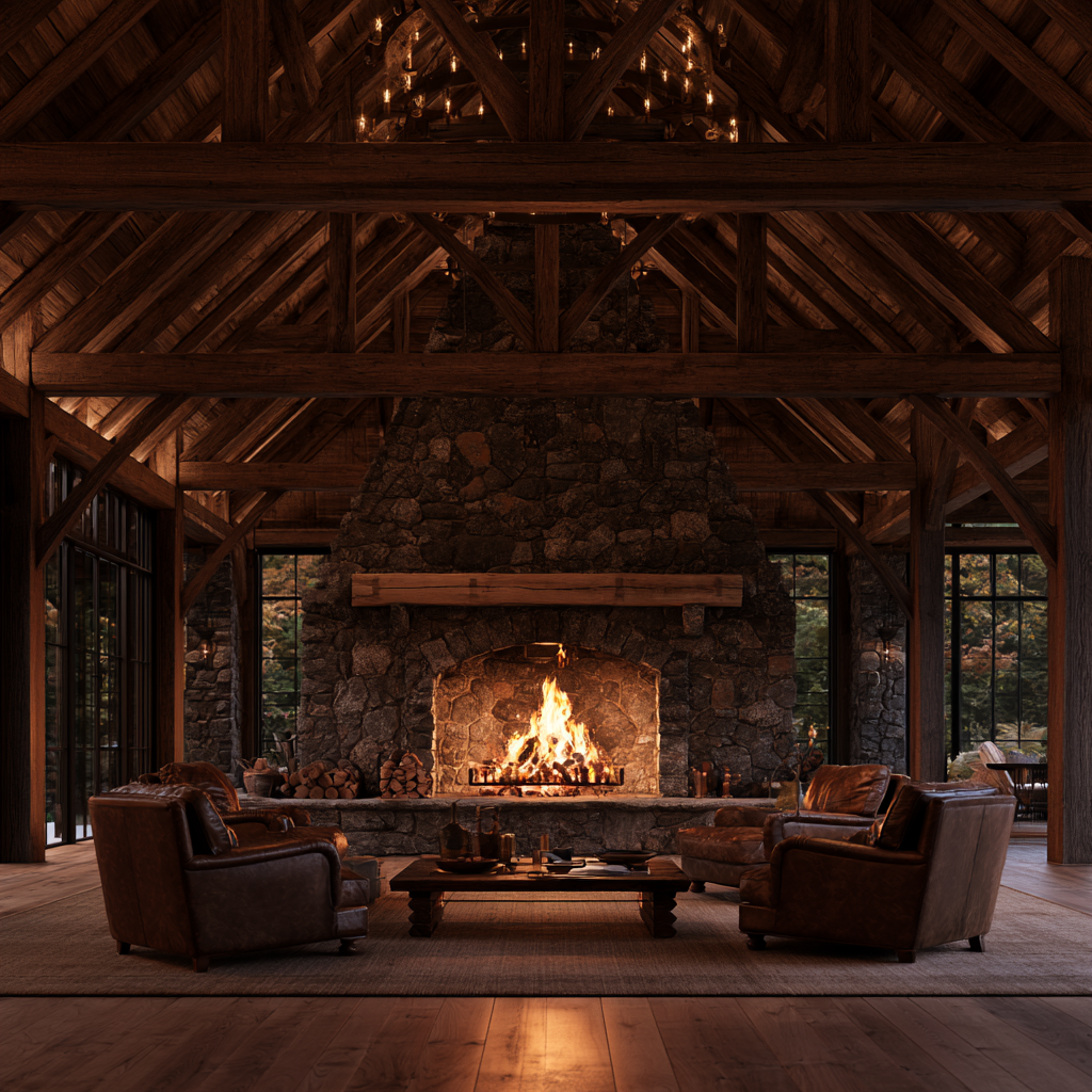 Falmouth Maine Grand great-room stone fireplace with roaring fire, custom Rumford design, hand-hewn timber mantel above, exposed timber-frame trusses overhead, deep leather chairs pulled close, evening atmosphere, warm firelight.