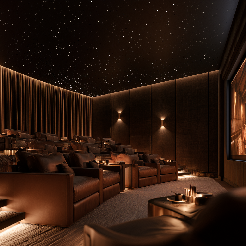Luxurious home theater room with leather recliners, starry ceiling, warm wall lighting, and a large screen.