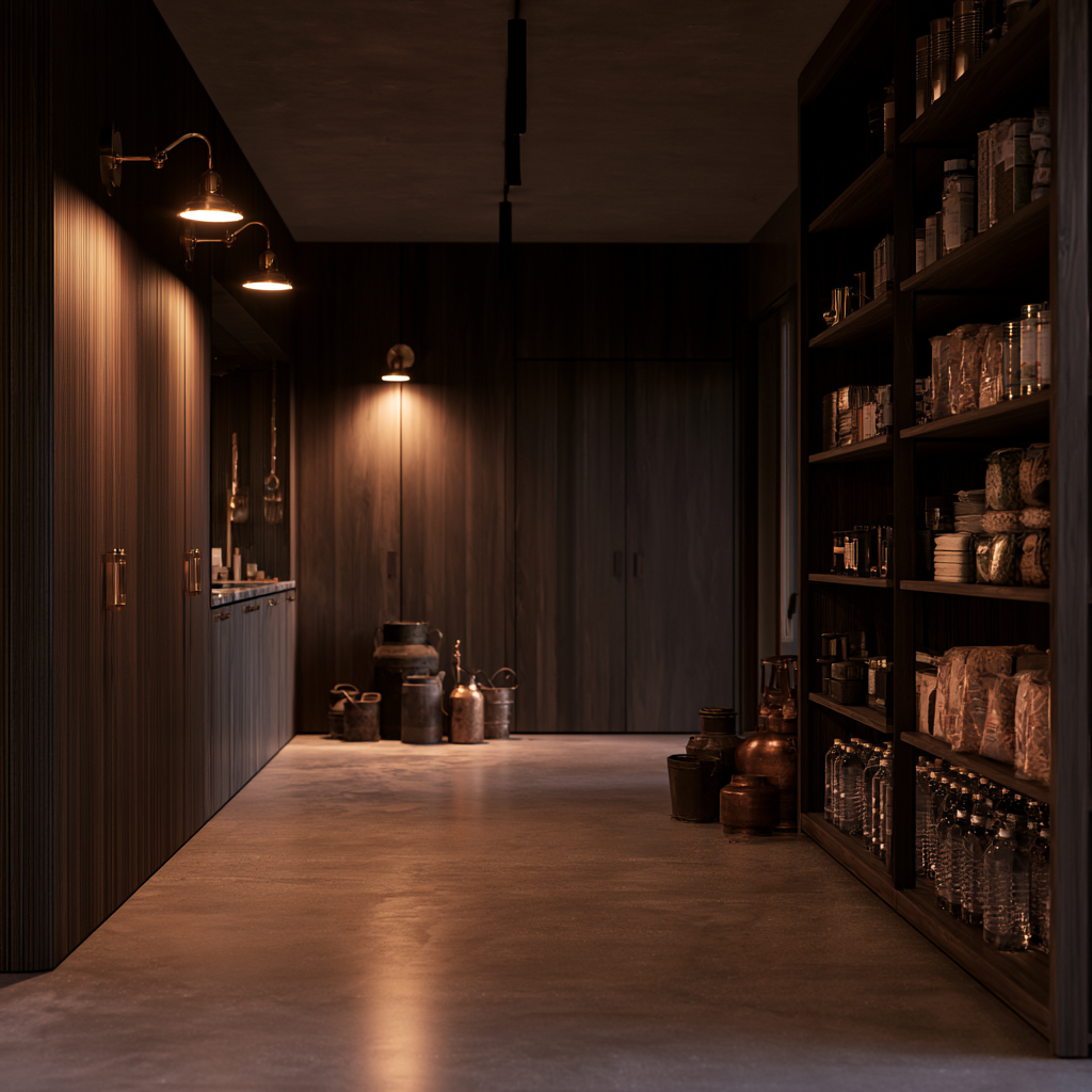 A dimly lit modern pantry or kitchen storage room with dark wood cabinetry, shelves filled with glass jars and bottles, and vintage-style metal containers on the floor.