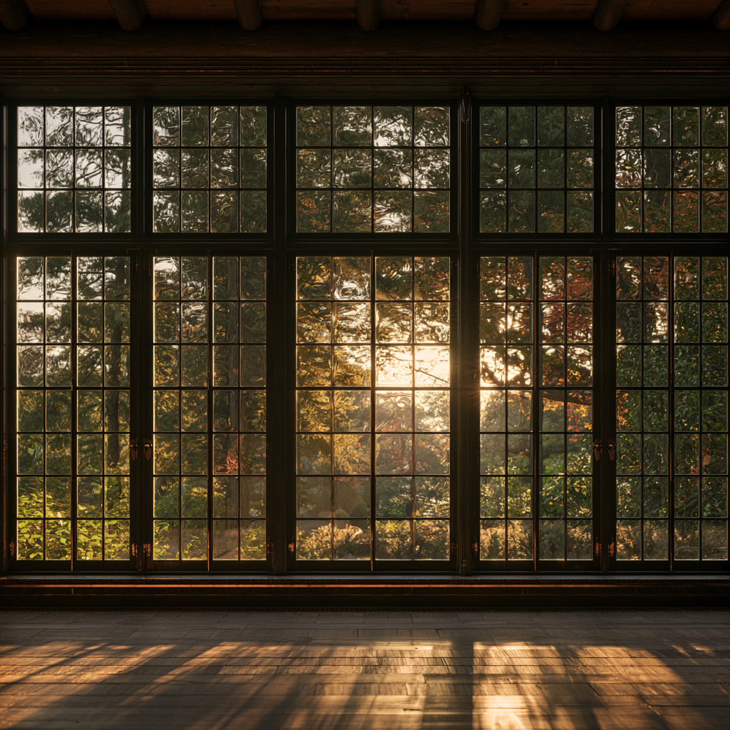 Restored Marvin custom window bank in a Shelburne Vermont log estate great room, warm morning light streaming through wavy antique glass, hand-restored sash, view of autumn woods beyond, patinated brass hardware, wide plank floors below.