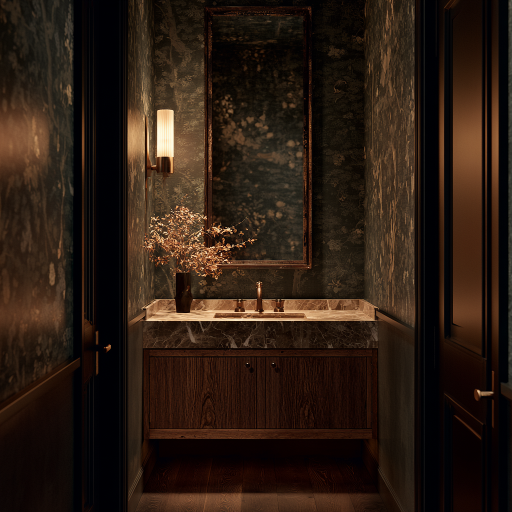 Falmouth Maine intimate estate powder room, marble sink on antique wooden vanity, oil-rubbed bronze fixtures, hand-painted wallpaper in deep muted tones, single sconce lighting, aged mirror, dark wood floor, jewel-box feel.