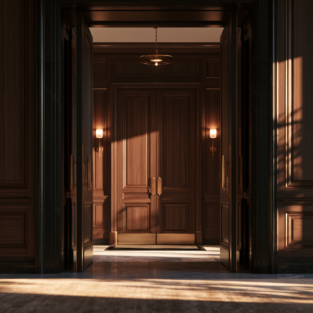 A hallway with dark wood-paneled walls and double doors at the end, illuminated by wall sconces and sunlight casting shadows.