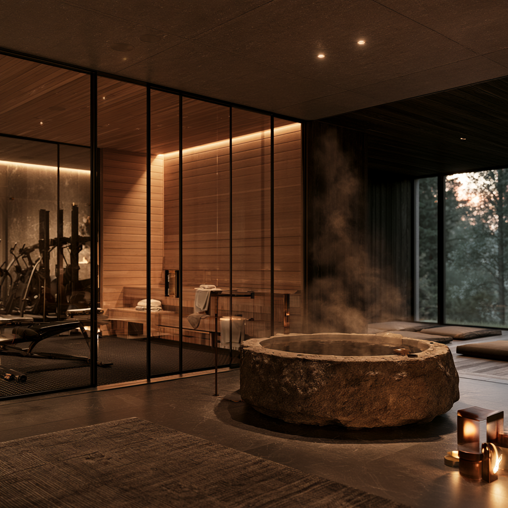 Refined Woodstock Vermont estate basement lounge with screening area, custom millwork bar, deep leather furniture, tin ceiling, dim ambient lighting, warm cinematic atmosphere.
