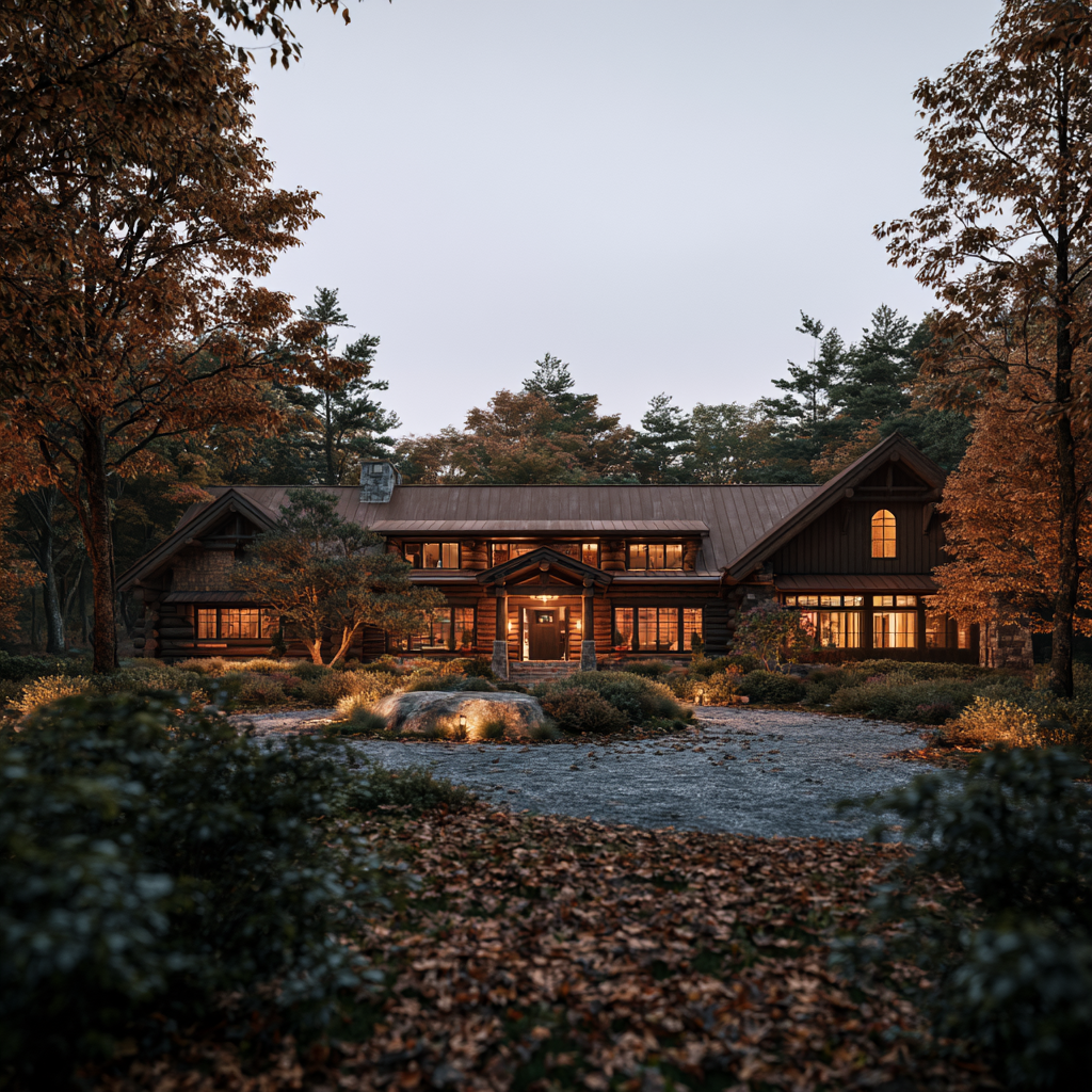 Substantial Rye New Hampshire log estate at golden hour after complete restoration, hand-hewn logs with fresh chinking, standing-seam copper roof, autumn foliage, warm windows glowing, sense of renewed timeless character.