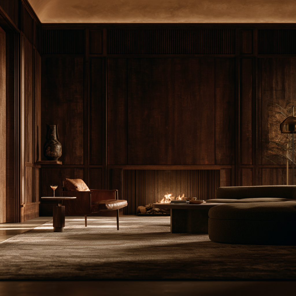 Elegant living room with dark wooden paneling, a fireplace, a leather armchair with a drink on a side table, a large curved sofa, and a floor lamp.