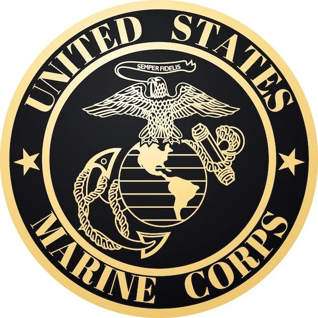 United States Marine Corps emblem featuring an eagle, globe, and anchor with a banner that reads 'Semper Fidelis'.
