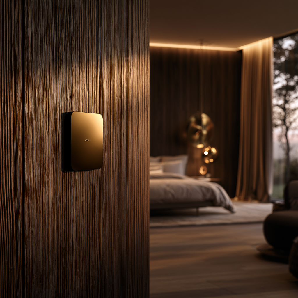 Interior Hanover New Hampshire estate — a discreet smart panel or brass switch plate on wide-plank wood wall, warm bedroom or sitting room visible in background with modern comfort details invisible until you look closely, sense of heritage character