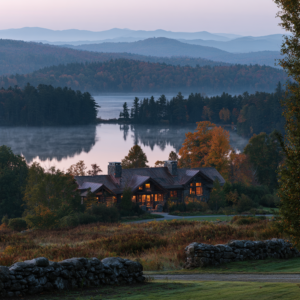 A cozy cabin with lit windows nestled among trees on a hillside, overlooking a calm lake with mist rising from the water, surrounded by layered mountain ranges during twilight.