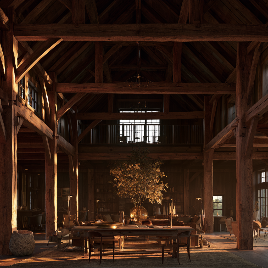Restored Kennebunkport Maine timber-frame great room interior, massive hand-hewn beams and trusses overhead, custom mortise-and-tenon joinery visible, warm evening light, sense of monumental craft and heritage.