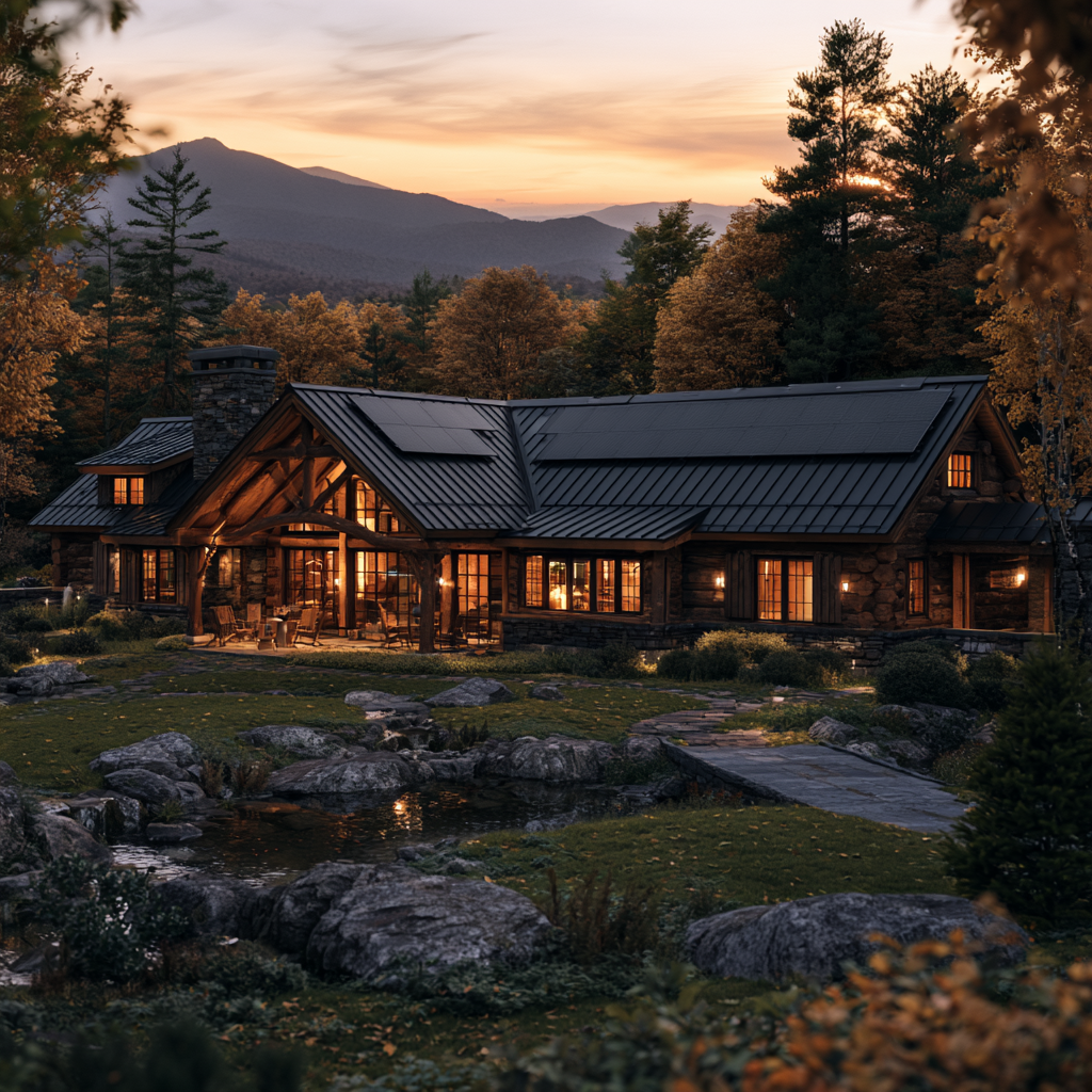 Solar array integrated seamlessly onto standing-seam metal roof of large Charlotte Vermont log estate, sunset lighting, distant mountains, no visible disruption to heritage architecture, warm windows glowing from within, autumn foliage surround.