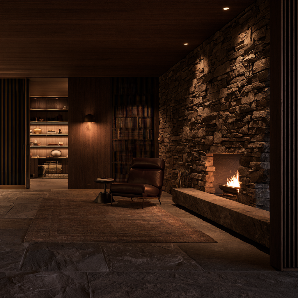 Cozy living room with a stone fireplace, leather chair, and wood-paneled walls under warm lighting.