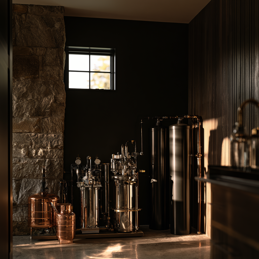 Industrial water filtration or purification system with shiny metal tanks and equipment set against a dark wall with a small window.