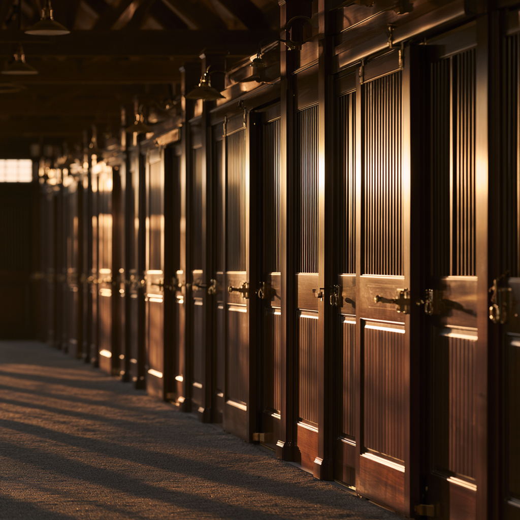Windham New Hampshire grand equestrian barn interior at estate scale, aisle with polished stall doors in dark stained wood, brass hardware, warm evening light, immaculate finish, timber-frame ceiling visible above, sense of craftsmanship.