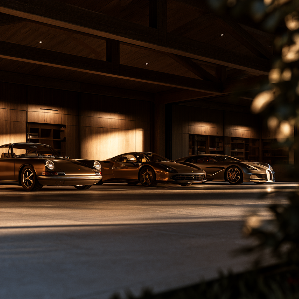 Bedford New Hampshire Estate collector garage with polished concrete floor, three classic automobiles displayed under warm architectural lighting, custom millwork storage on walls, timber-frame ceiling, museum-quality atmosphere.