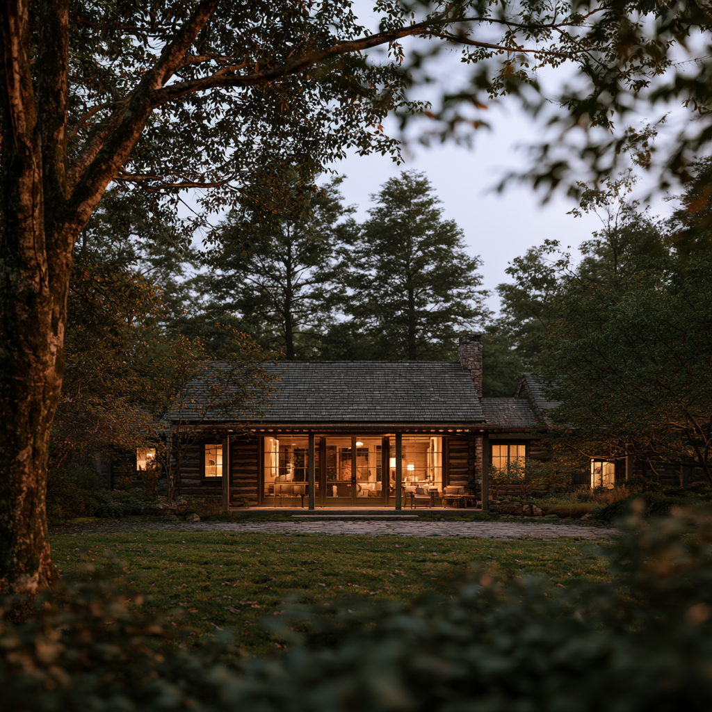Smaller heritage Norwich Vermont log cabin authentically restored, evening light, chinking crisp between hewn logs, cedar shake roof, small covered porch, forest setting, warm interior glow, intimate scale.