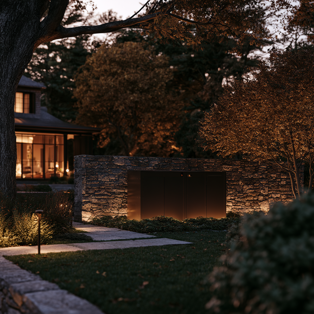 Discreet Stowe Vermont Kohler standby generator integrated into stone screening wall on estate grounds, autumn evening, warm lighting on nearby home, professional installation, landscape lighting, mature plantings around, sense of quiet resilience.
