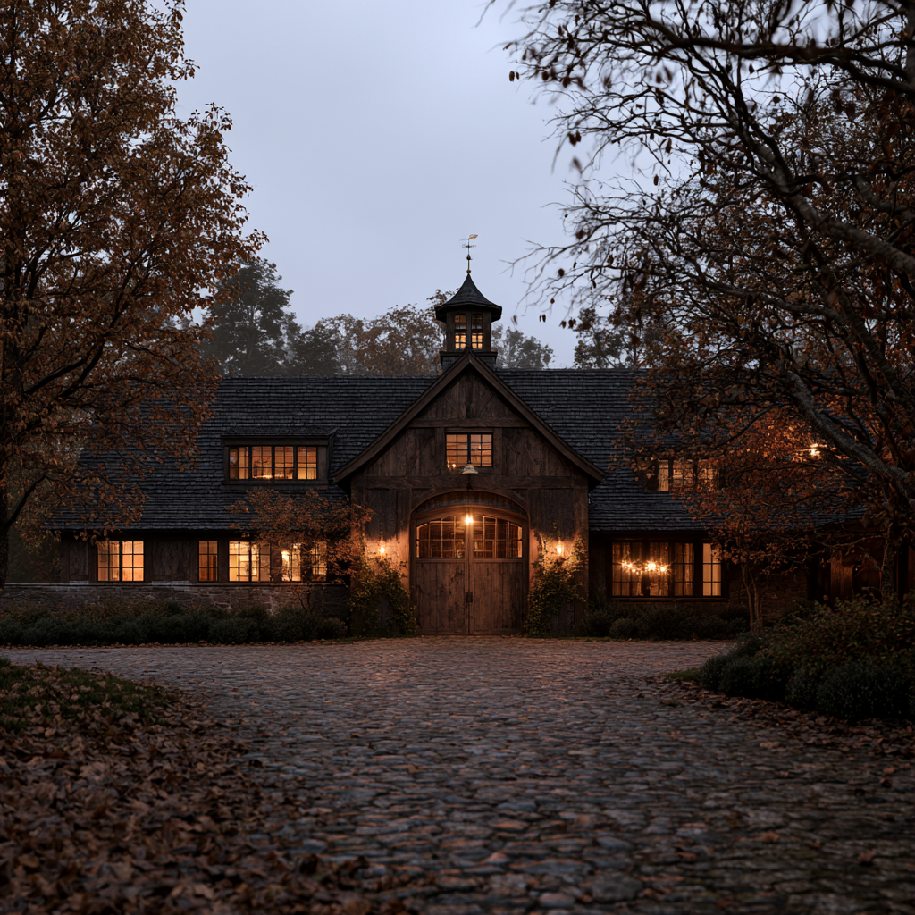 Beautiful guest carriage house on Manchester Center Vermont estate grounds, timber-frame construction, warm windows glowing in dusk, cobblestone drive, autumn trees, sense of arrival.