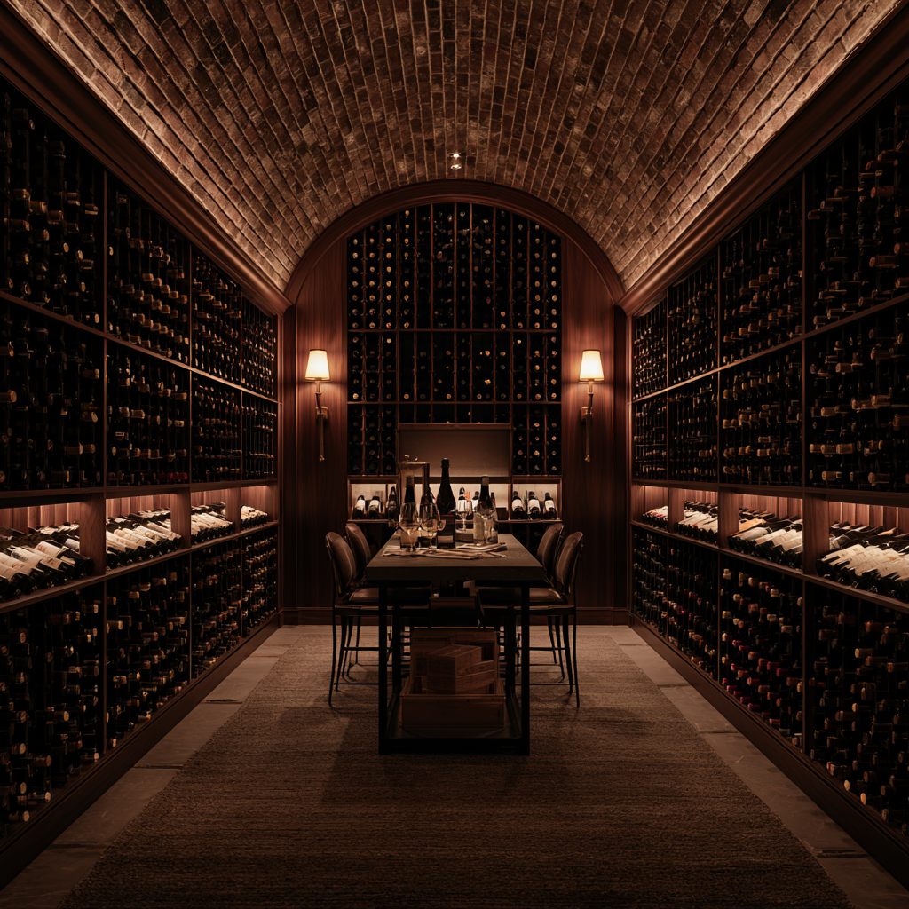 Custom Charlotte Vermont estate wine cellar with hundreds of bottles in dark walnut racks, arched brick ceiling, central tasting table, warm sconce lighting, atmospheric depth, luxurious hospitality space.
