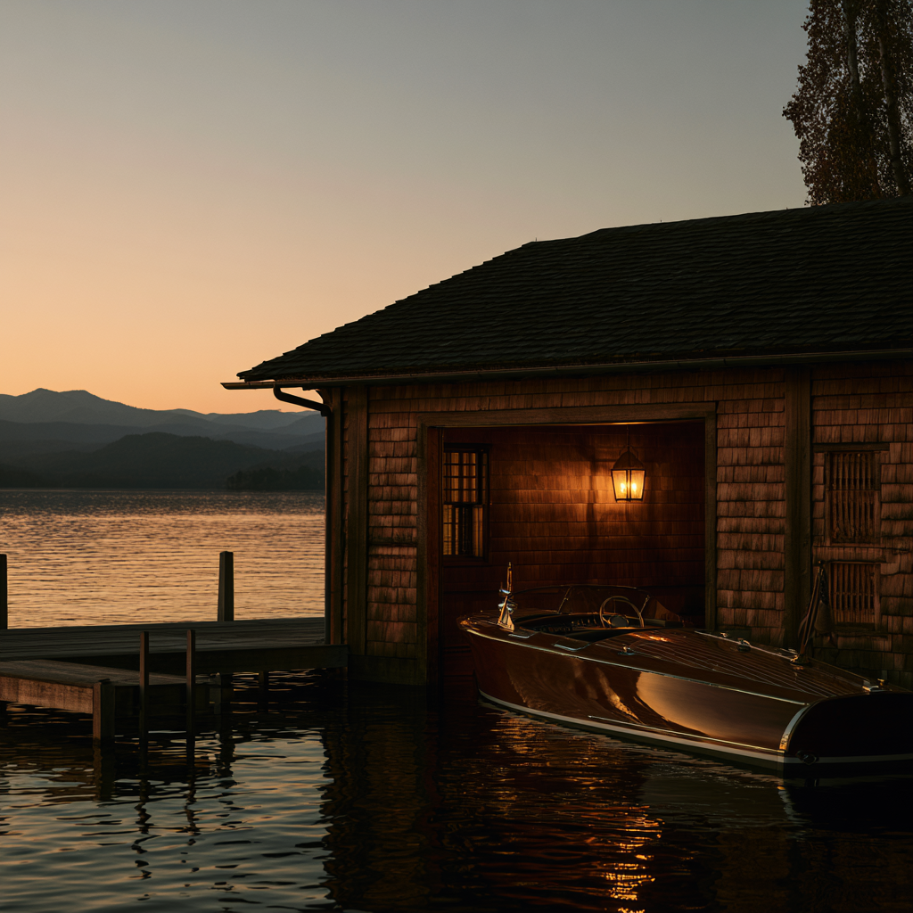 Historic wooden boat house on Lake Champlain in Shelburne Vermont, cedar shingle siding, vintage wooden Chris-Craft partially visible in slip, dock extending toward Plattsburgh, NY, distant mountains, warm lantern light glowing from within.