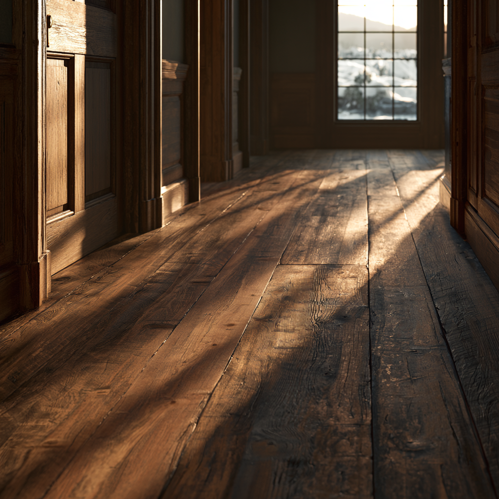 Sunlight casts shadows through a window onto a rustic wooden floor inside a cozy cabin or house.