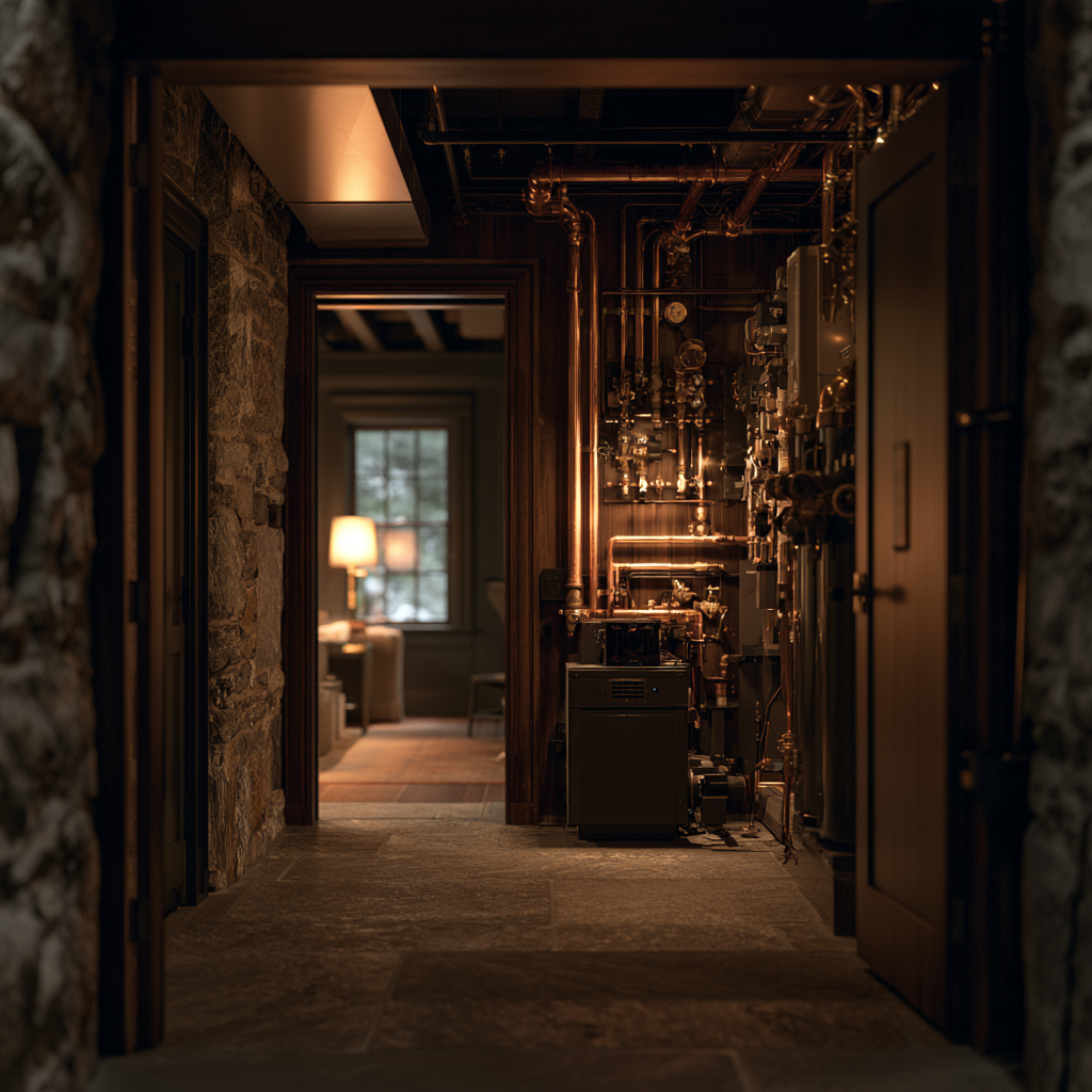 Elegant mechanical room in luxury estate basement, high-end geothermal heat pump equipment, exposed copper piping, meticulous craftsmanship, stone floor, warm task lighting, sense of engineering precision behind Shelburne Vermont estate walls.