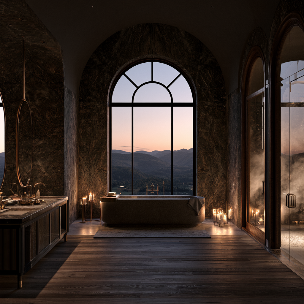Saratoga Springs, New York Luxurious primary suite spa bathroom, freestanding tub in front of large arched window overlooking mountains at dusk, book-matched natural stone walls, wide-plank wood floors with radiant heat, custom vanity, brass fixtures