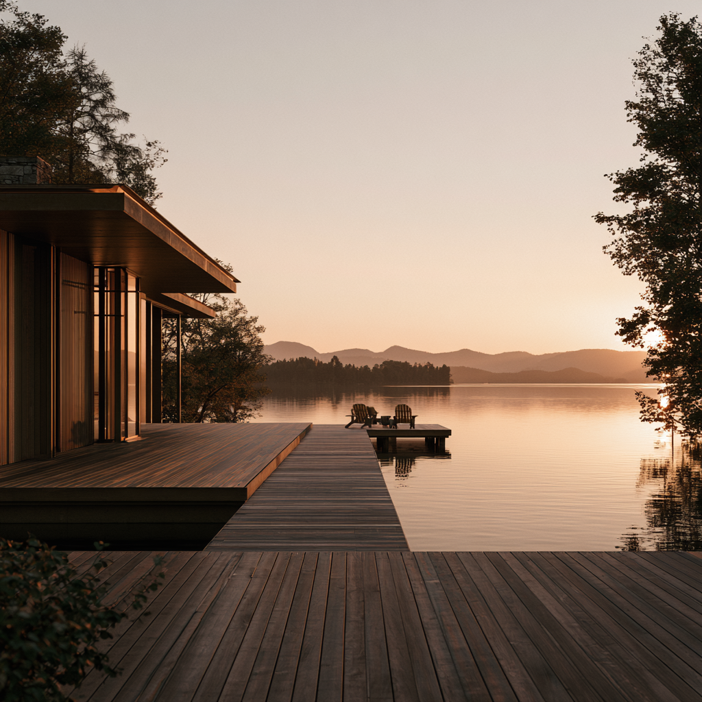 Sunset over a private Charlotte Vermont estate dock, wooden pier extending into glassy lake, Adirondack chairs at the end, distant mountains reflected in water, warm golden light, quiet solitude.