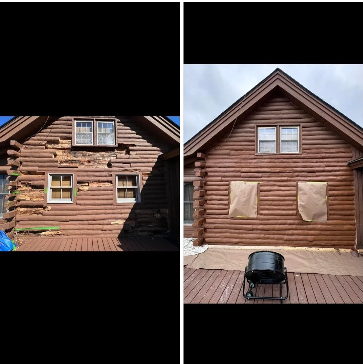 Before and After, 360 Linear Feet Log Home Repairs, Okemo, VT, 2024

