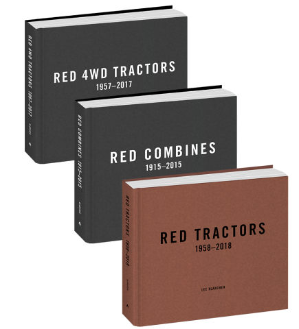 Three books about red tractors, combines, and history, with titles "Red 4WD Tractors 1957-2017," "Red Combines 1915-2015," and "Red Tractors 1958-2018".