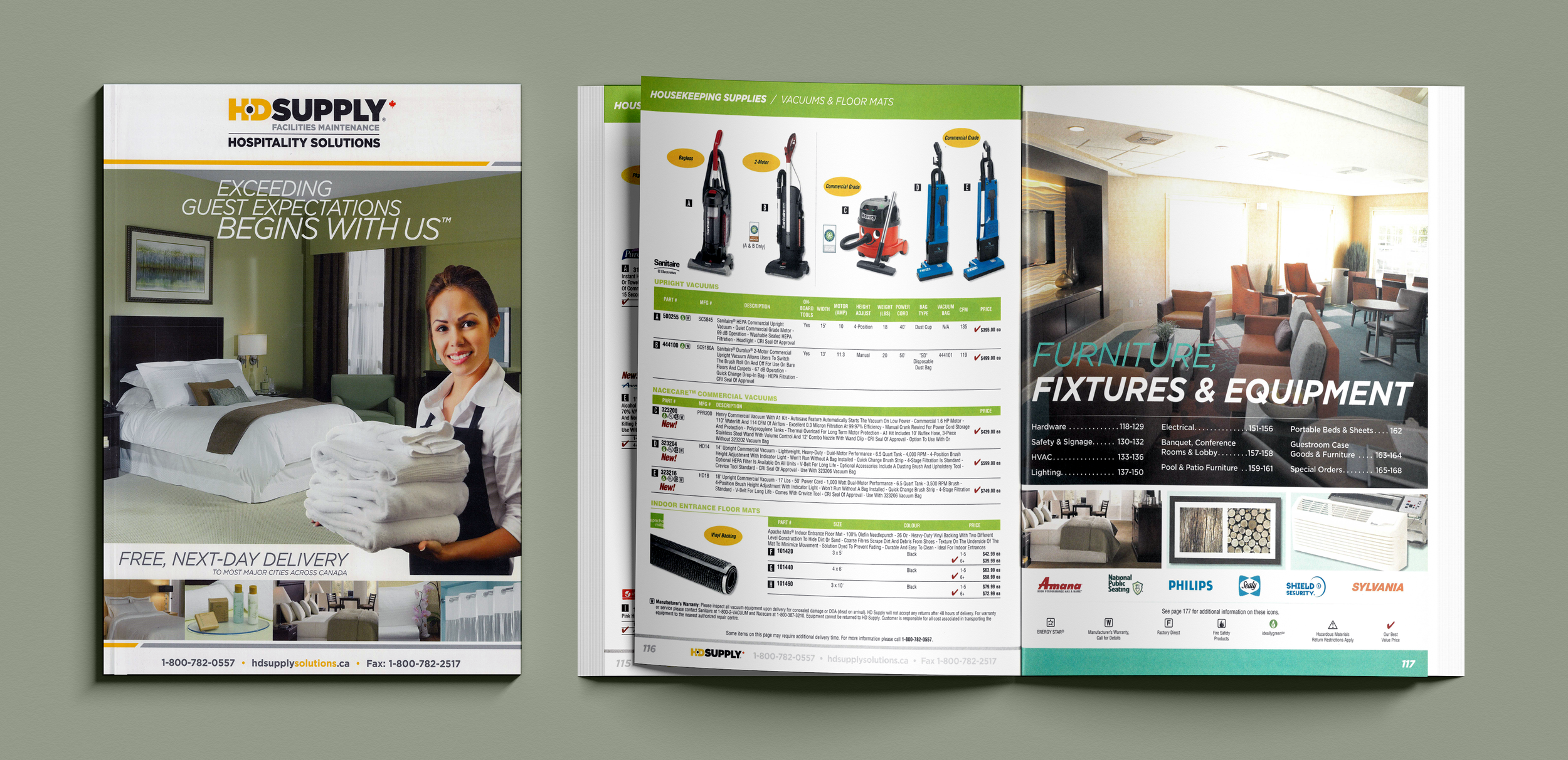 I acted as Design Lead for the Canadian Hospitality Catalog. It's ~400 pages long and was produced over the course of several months with the help of 3 temps. I trained them on design standards and reviewed their work before passing their pages on to