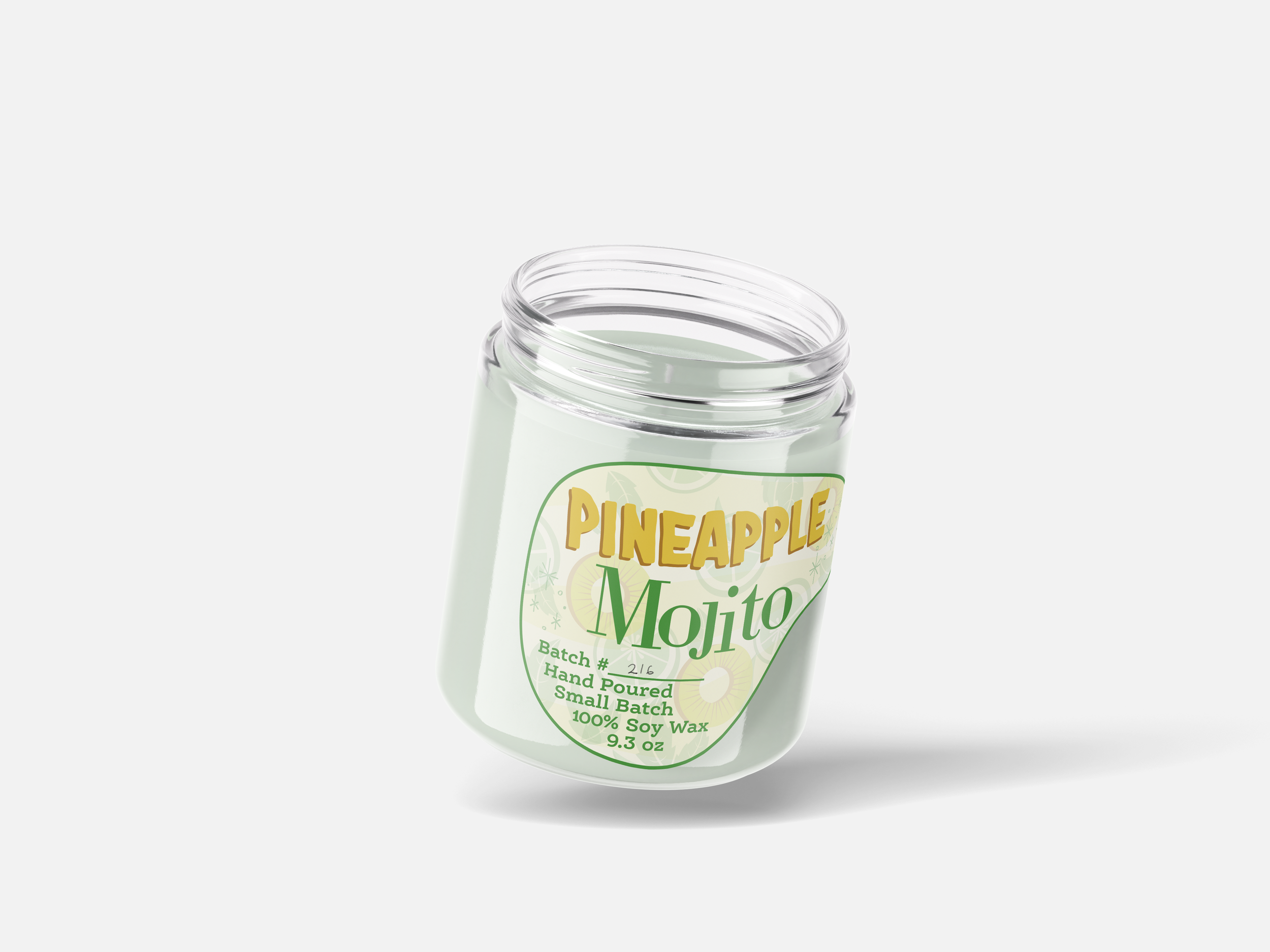 COVID years were candle-making years for this teetotaler. That didn't stop me from crafting this cocktail-flavored aroma. I am beyond pleased with the tiki-inspired typography that genuinely looks like chunks of pineapple. The shifted baseline on "Mo