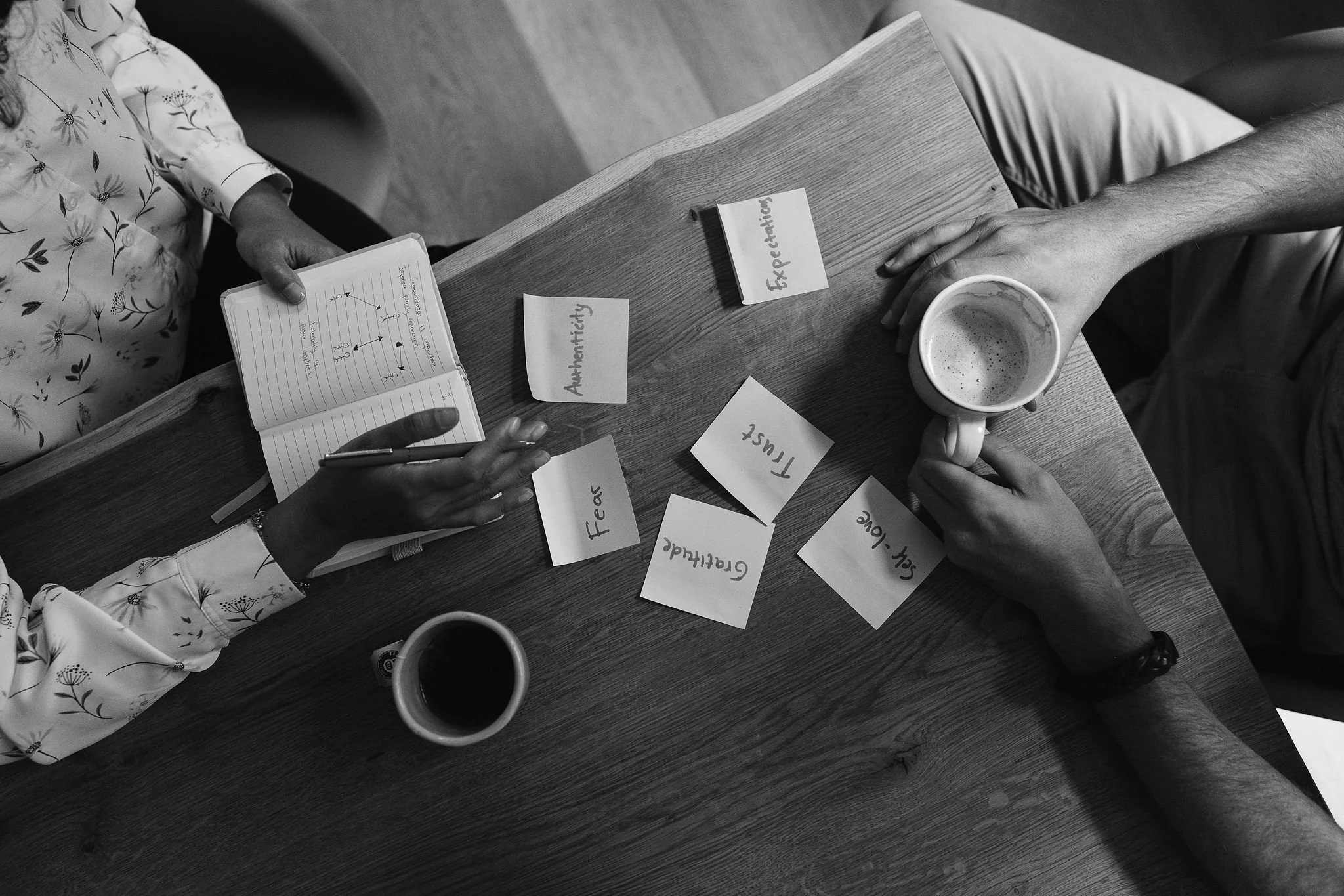 Black and white photo of two people sitting at a wooden table with coffee mugs and scattered notes and labels, including words like "trust and "authenticity".