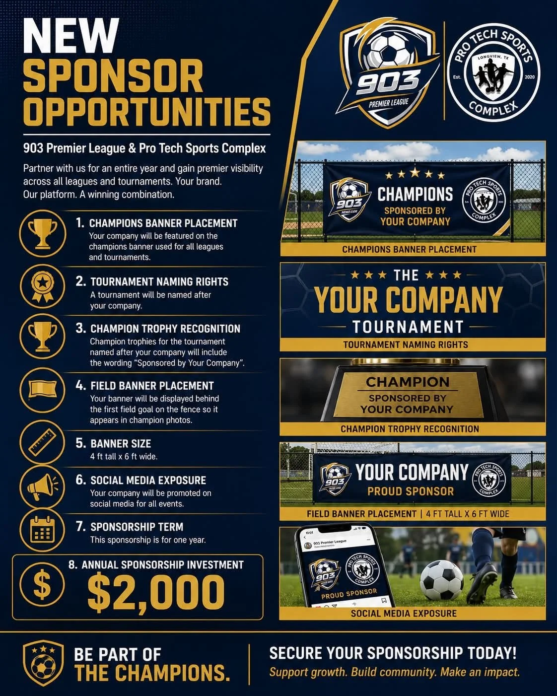 A promotional flyer for a sports tournament sponsorship opportunity featuring logos for 903 Premier League and Pro Tech Sports Complex. The flyer discusses benefits of sponsoring, including banner placement, tournament naming rights, trophy recognition, and social media exposure, with a sponsorship cost of $2,000 for one year. It includes images of banners, trophies, and a soccer field.