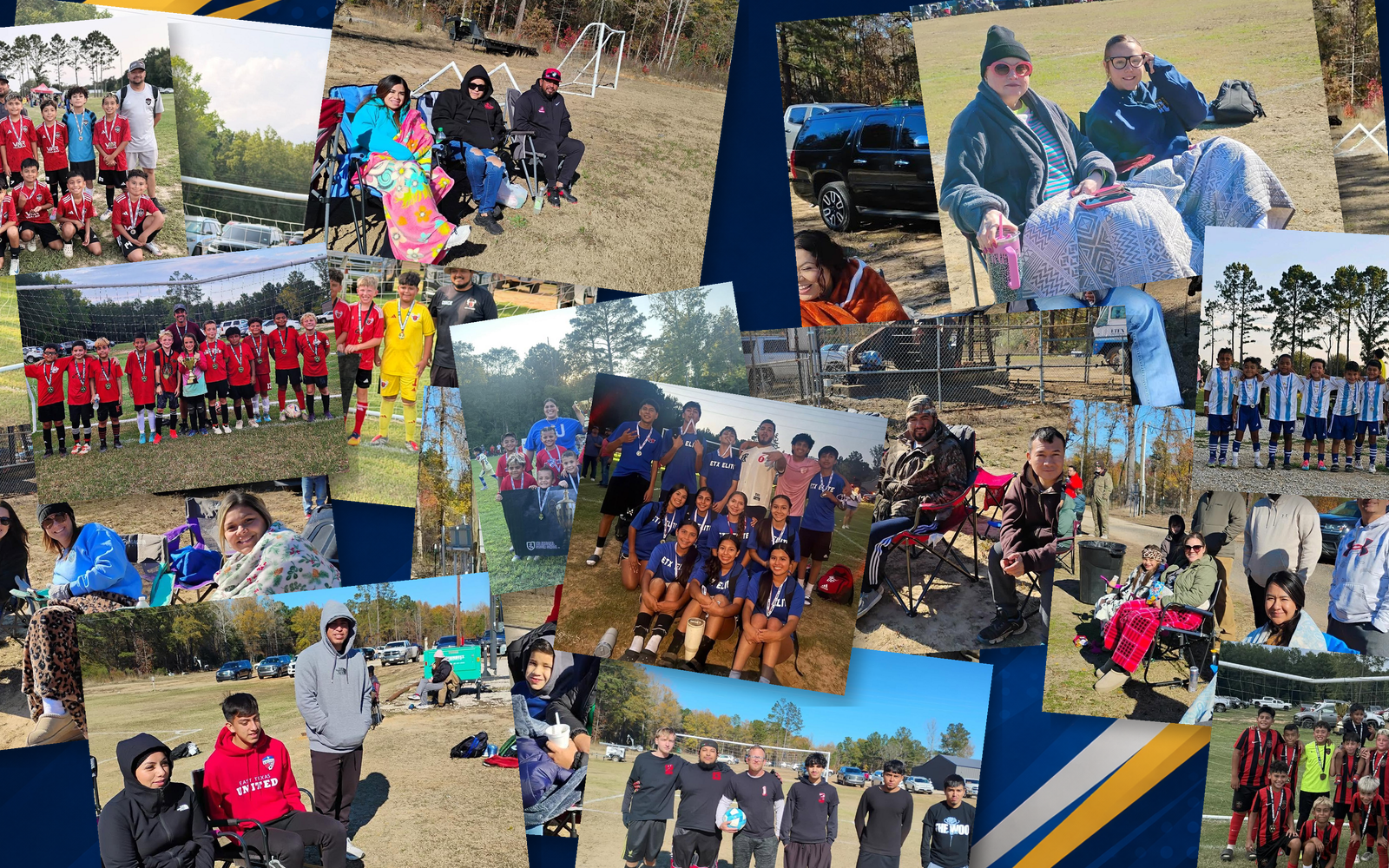 A collage of multiple photos showing people and children at a soccer event, including team photos, players with medals, coaches, fans sitting and standing outdoors, and children in soccer uniforms.