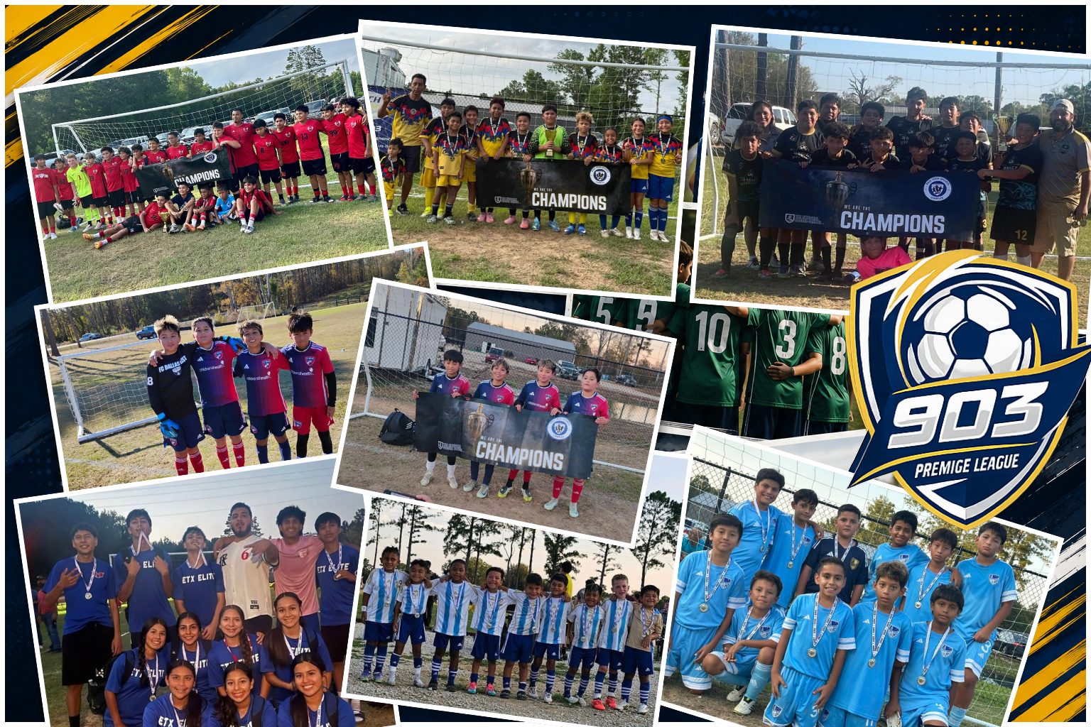 Collage of young soccer teams with medals and trophies, celebrating victories on the field, with a league logo in the corner.