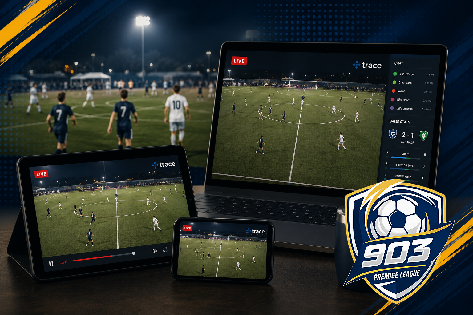 Multiple electronic devices showing live soccer matches on screens, with a background of a nighttime soccer game in progress, and a logo for 903 Premier League.