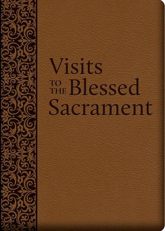 The cover of a book titled 'Visits to the Blessed Sacrament' with a brown textured background and an ornate dark brown decorative vertical strip on the left side.