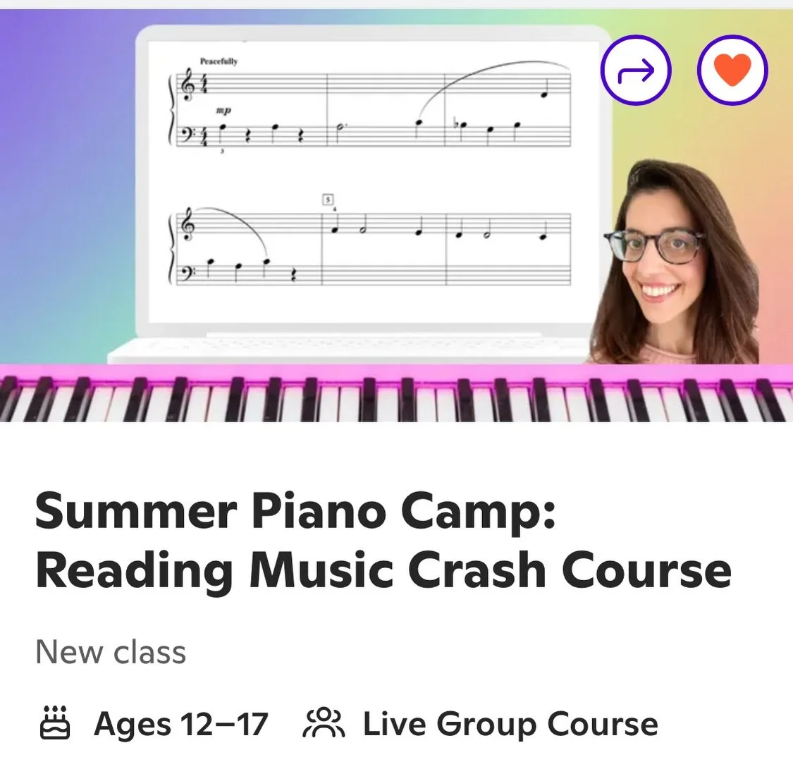 Online Music Camp for Teens to Learn to Read Music 🎼 

In this fast paced 4 day camp, learners will learn how to read music on the full piano staff from scratch! Note naming worksheets and simple sheet music will be provided.

Live video meetings
4x
