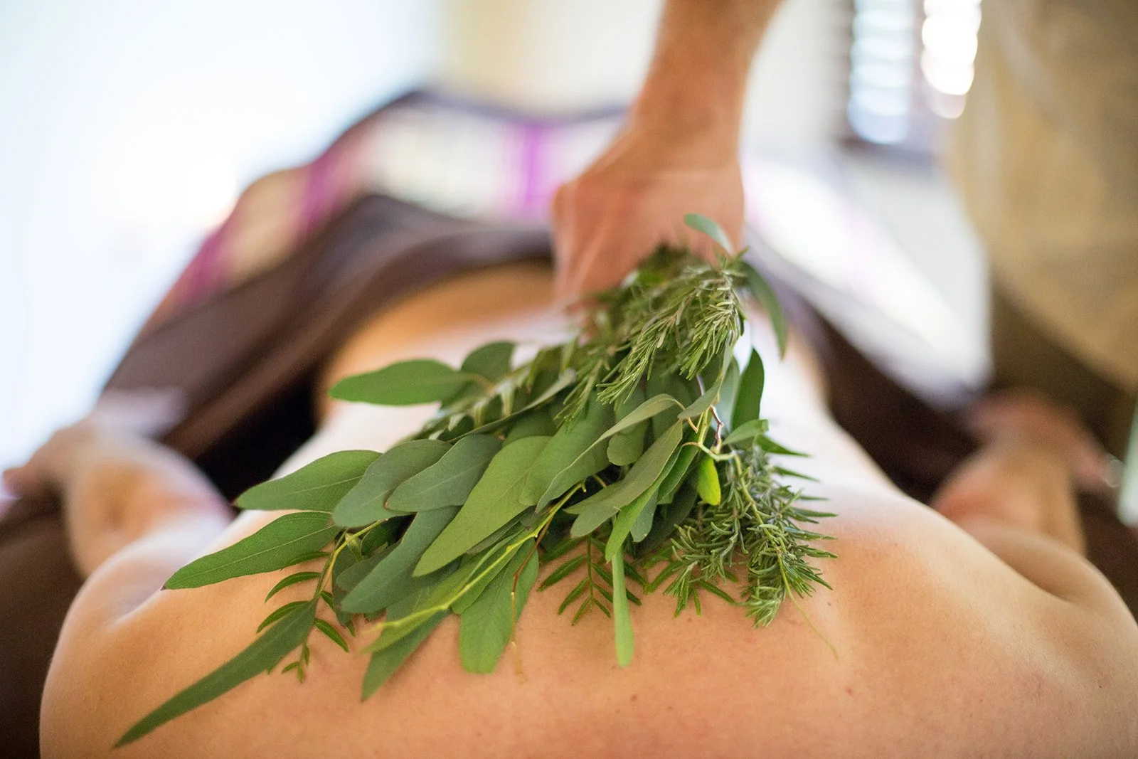 A person lying face down with a bundle of green herbs on their back being massaged or covered.