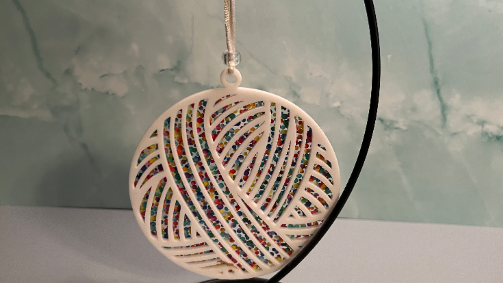 Acrylic Yarn Ball Suncatcher/Ornament White with multi color dot background