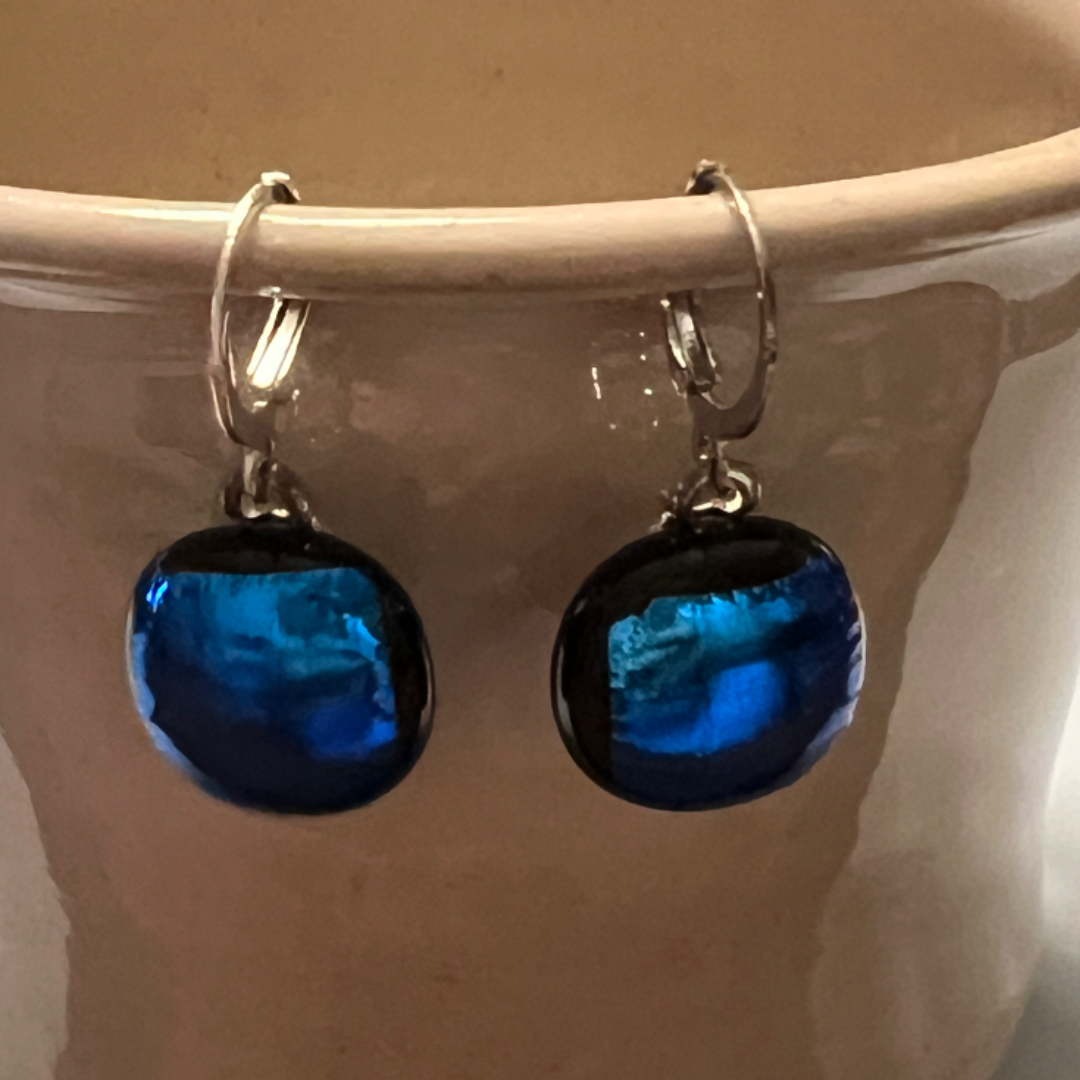 Fused Glass Earrings - Blue Mirror on gold tone lever back