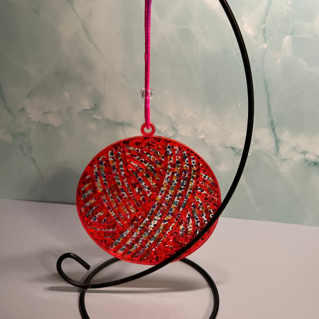 Acrylic Yarn Ball Suncatcher/Ornament Hot Pink/Orange with multi color dot background