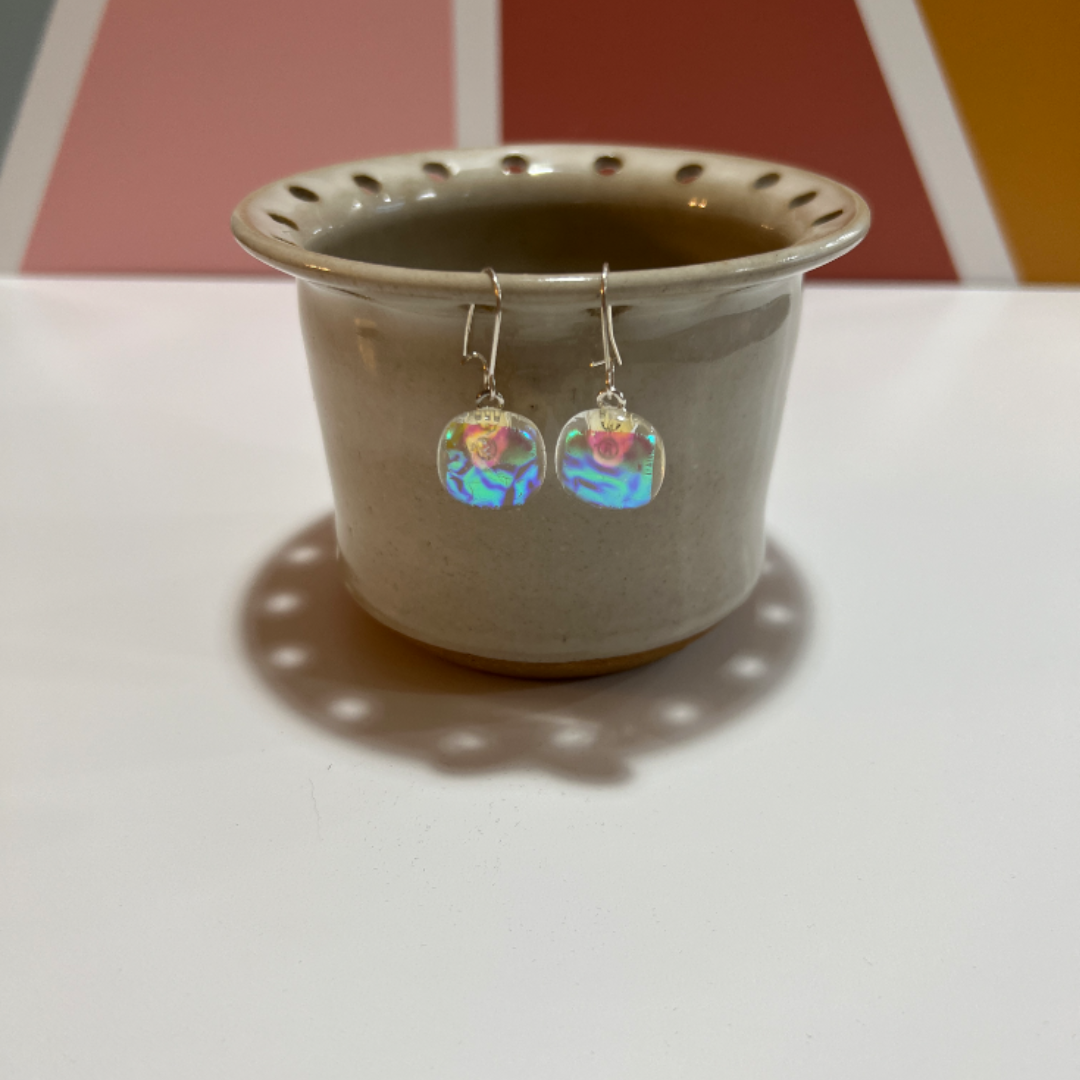 Fused Glass Earrings - Green blue dichroic on clear