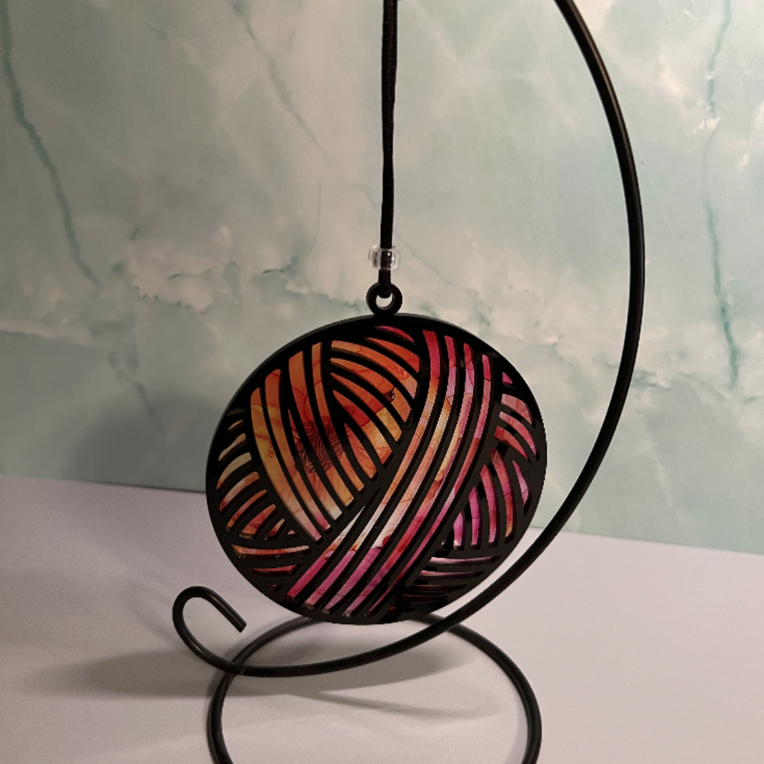 Acrylic Yarn Ball Suncatcher - Black with Red/Orange background